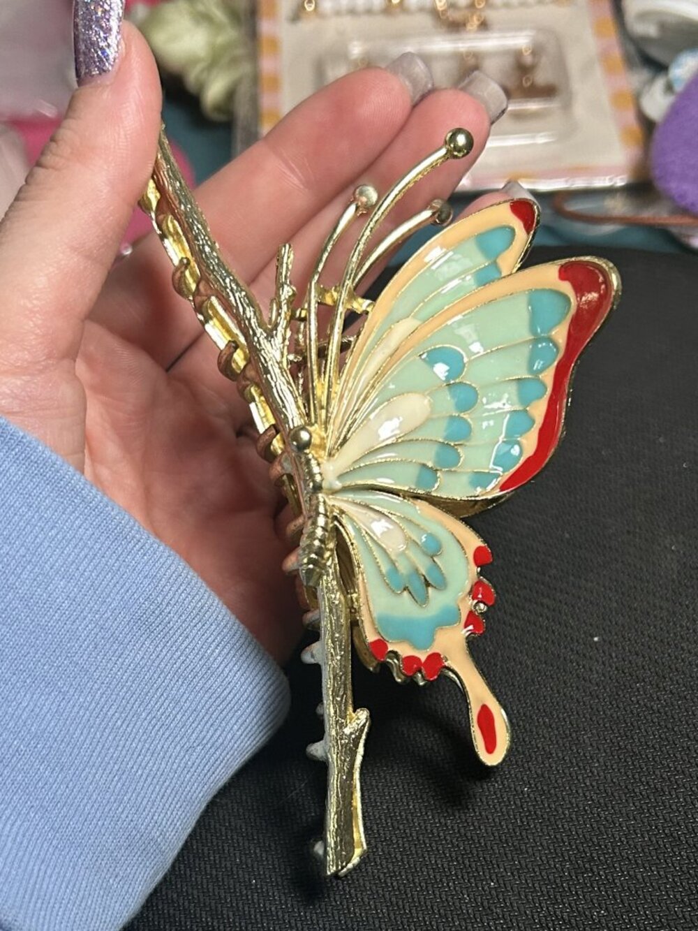 Gold Tone Enamel Butterfly on Branch Metal Hair Claw Clip - Picture 2 of 5